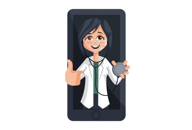 Lady Doctor with stethoscope on mobile Screen  イラスト