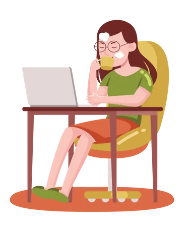 Lady having hot coffee while seating on desk for work on laptop  Illustration