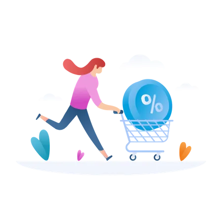 Lady running for shopping discount with trolley  Illustration