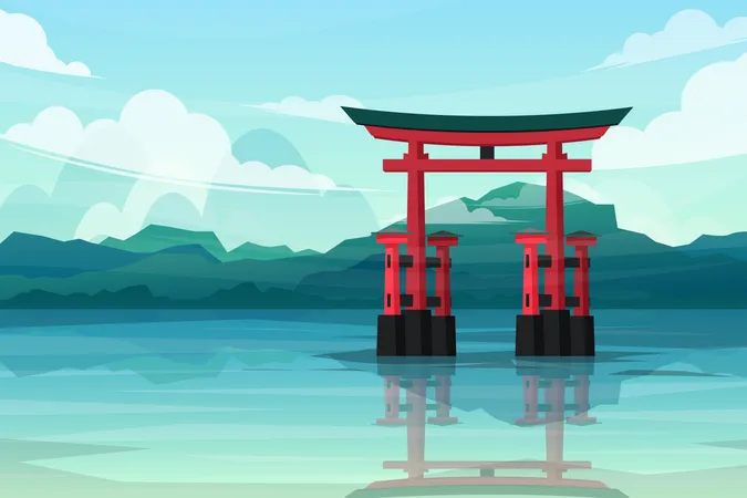 Lakefront with torii gates in japan  Illustration