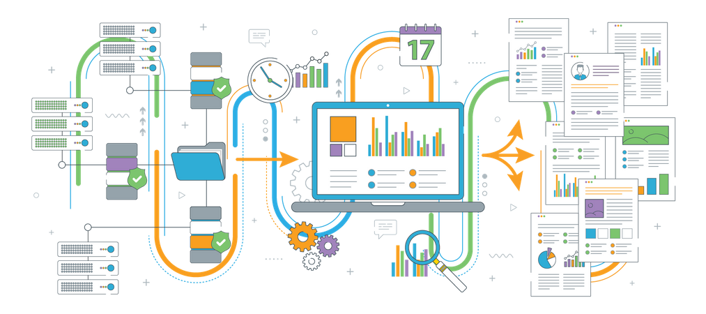 Laptop accessing server files in network to extract information  Illustration