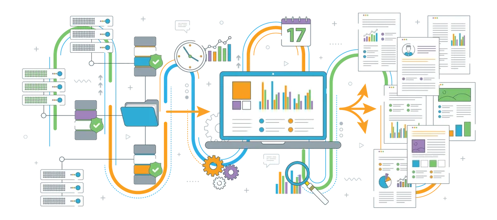 Laptop accessing server files in network to extract information  Illustration