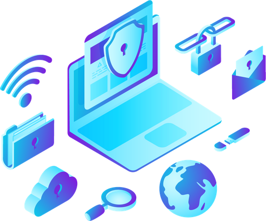 Laptop Computer with Cloud Folder Security  Illustration