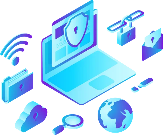 Laptop Computer with Cloud Folder Security  Illustration