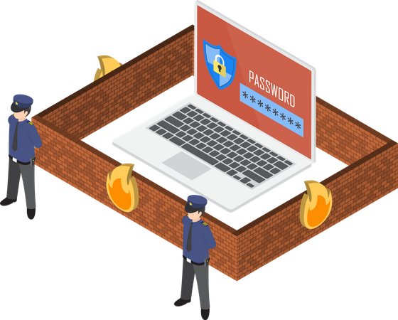 Notebook protegido por firewall  Ilustração