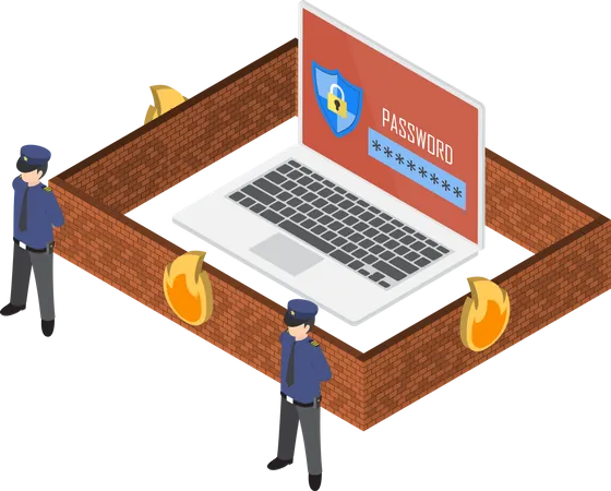 Notebook protegido por firewall  Ilustração