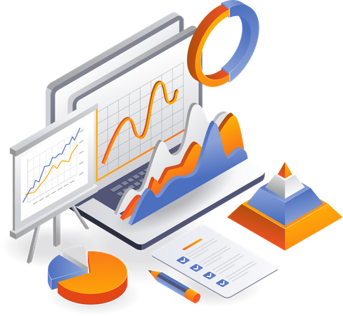 Laptop with data analytics and business plan  Illustration