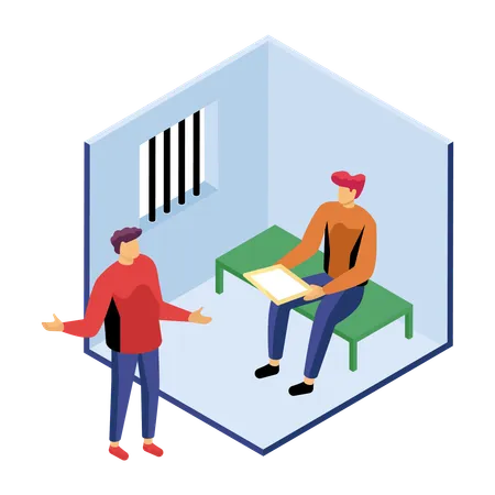 Lawyer talking to client in jail  Illustration