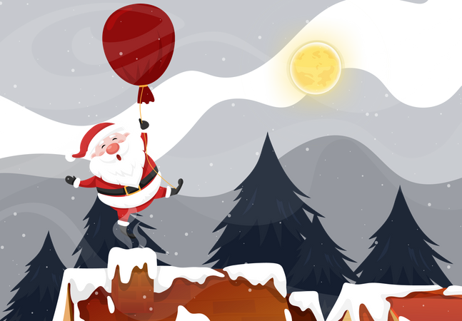 Le Père Noël a utilisé un ballon sur le toit et la cheminée la nuit de Noël avec la pleine lune et la neige  Illustration