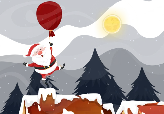 Le Père Noël a utilisé un ballon sur le toit et la cheminée la nuit de Noël avec la pleine lune et la neige  Illustration