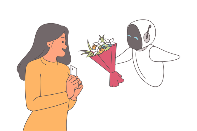 Le robot donne des fleurs à une femme et livre un bouquet cadeau de son petit ami pour la Saint-Valentin  Illustration