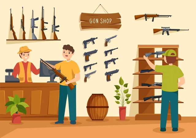 Les gens achètent des armes dans un magasin d'armes  Illustration