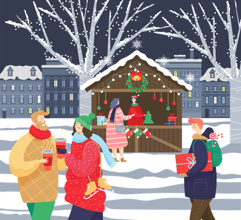 Les gens célèbrent la foire de Noël en ville  Illustration