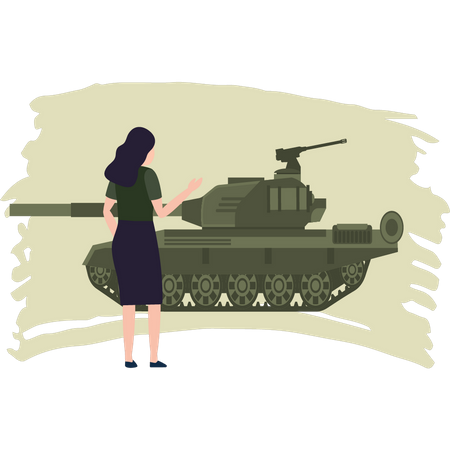 Linda chica mirando el tanque militar  Ilustración