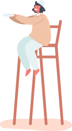 Little Arab Boy Sitting on High Stool and Holding Plate in Hands  Illustration