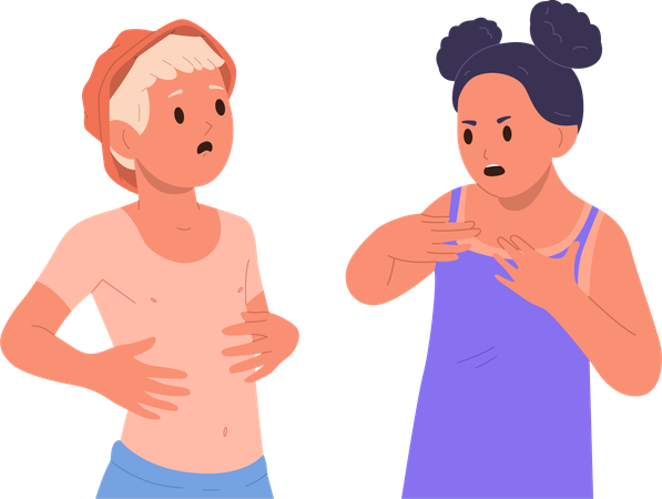 Little boy and girl suffering from sunburn and damaged redness skin  Illustration