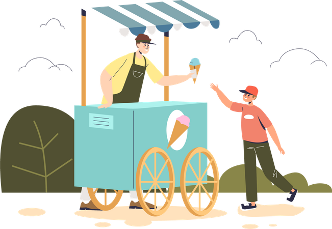 Little boy buy ice cream at outdoor kiosk cart  Illustration