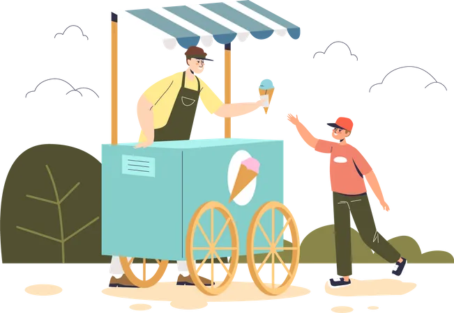 Little boy buy ice cream at outdoor kiosk cart  Illustration