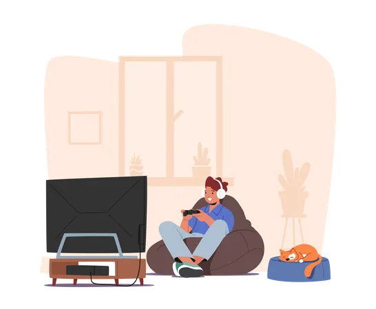 Little Boy Playing Video Games  Illustration