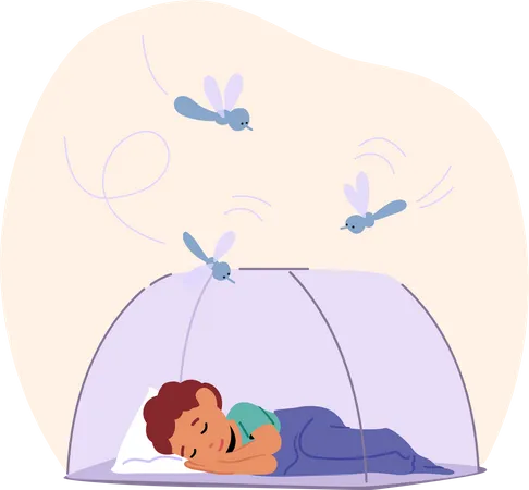 Little boy sleep under net shielded from mosquitoes  Illustration