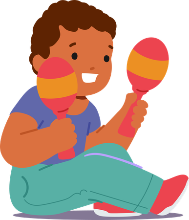 Little Child Sits On Floor and Shaking Maracas  イラスト