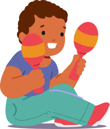 Little Child Sits On Floor and Shaking Maracas  イラスト