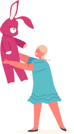 Little Girl Holding Bunny Toy Playing and Smiling  Illustration