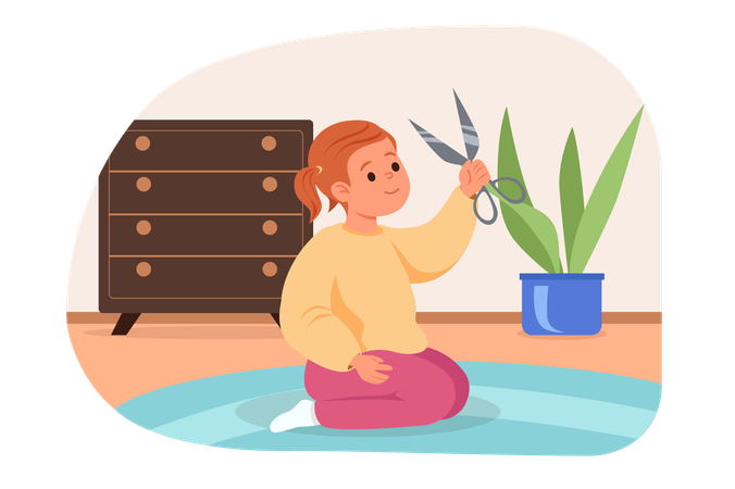 Little girl plays with sharp scissors  Illustration