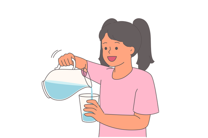 Little girl pours water into glass from decanter to quench thirst after summer walk  Illustration