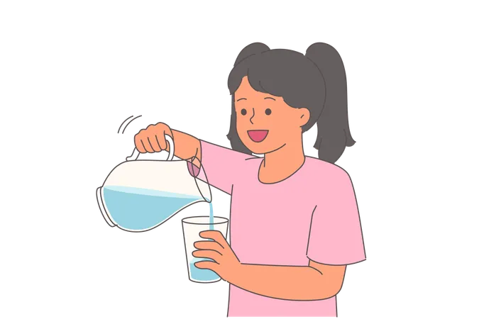 Little girl pours water into glass from decanter to quench thirst after summer walk  Illustration