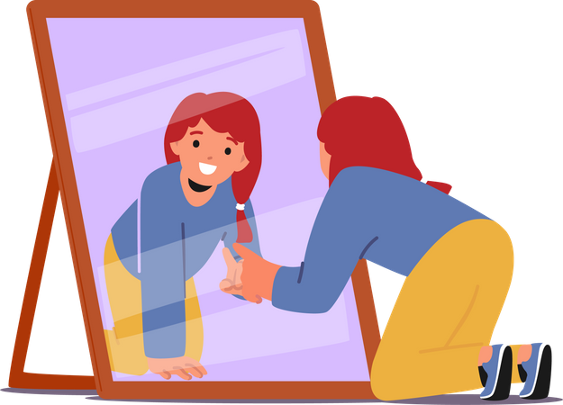 Little girl scrutinizing a mirror  Illustration