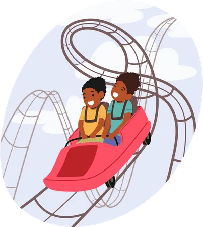 Little Kids Characters Riding Roller Coaster in Amusement Park  일러스트레이션