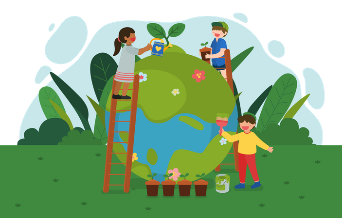 Little Kids Taking Care of plants  Illustration