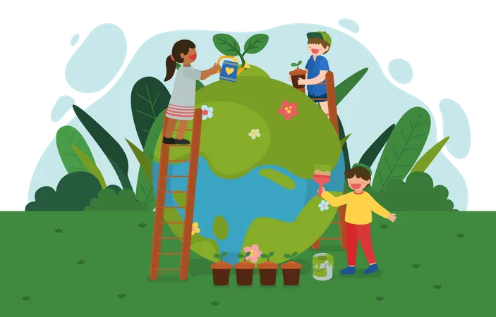 Little Kids Taking Care of plants  Illustration