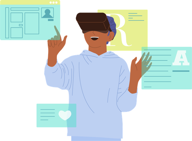 Little male student studying language using virtual reality technology  Illustration