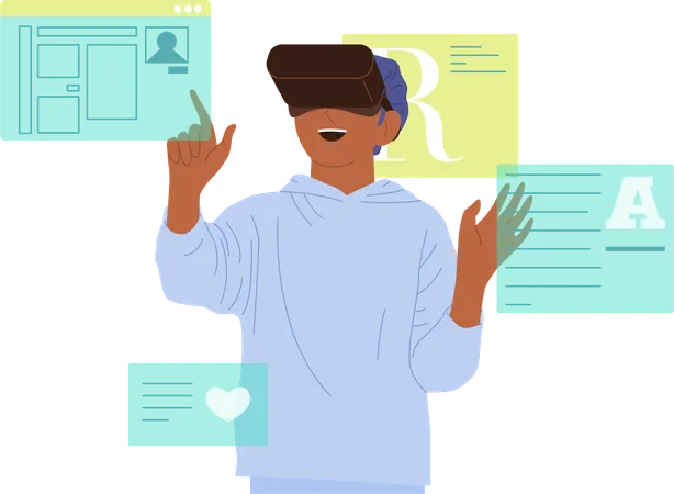 Little male student studying language using virtual reality technology  Illustration