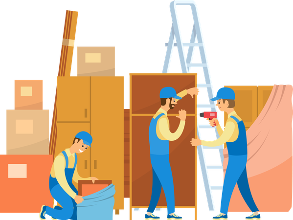 Loaders Unpacking Goods and Furniture in House  Illustration