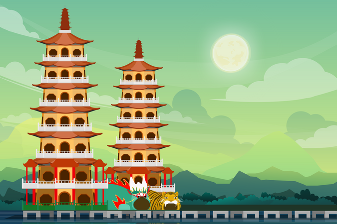 Longhu Pagodas in taiwan  Illustration