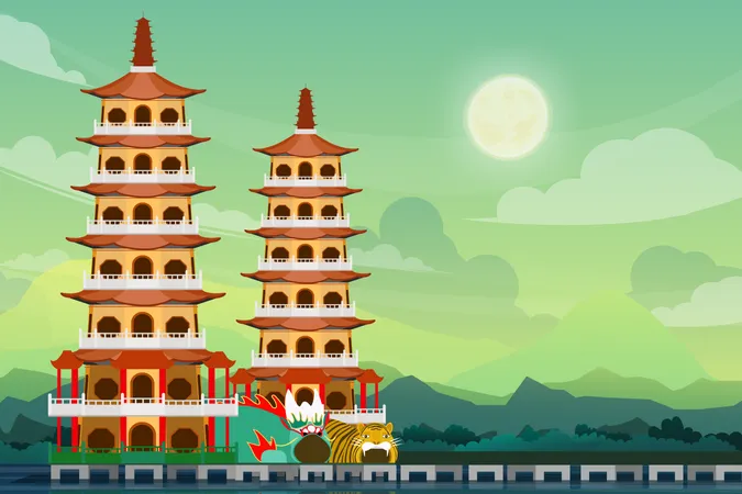 Longhu Pagodas in taiwan  Illustration