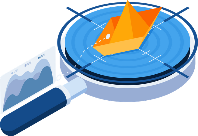 Loupe analyser le bateau jaune dans l'océan bleu  Illustration