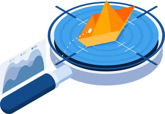 Loupe analyser le bateau jaune dans l'océan bleu  Illustration