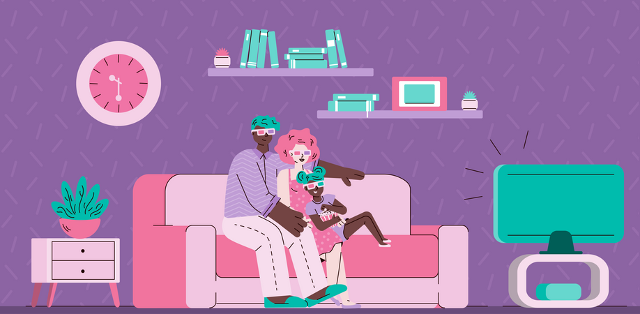 Loving couple watching TV sitting on sofa in room  Illustration