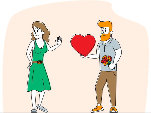 Loving Man Giving Heart to Woman Rejecting his Feelings Saying No  Illustration