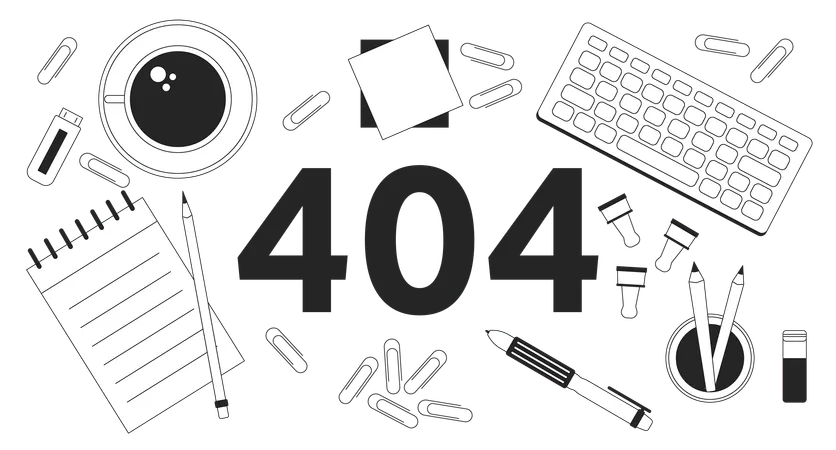 Mensaje flash de error 404 en blanco y negro en el lugar de trabajo  Ilustración