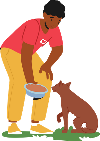 Perro de alimentación voluntario masculino en refugio de animales  Ilustración