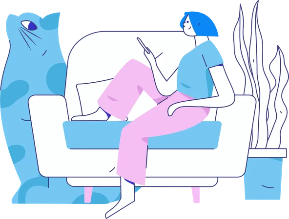 Mädchen mit Handy beim Sitzen auf dem Sofa  Illustration