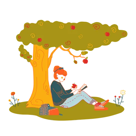 Mädchen liest Buch im Park  Illustration