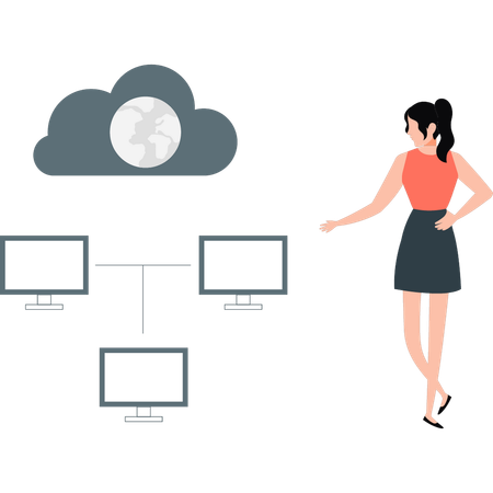 Mädchen zeigt wolke datenserver  Illustration