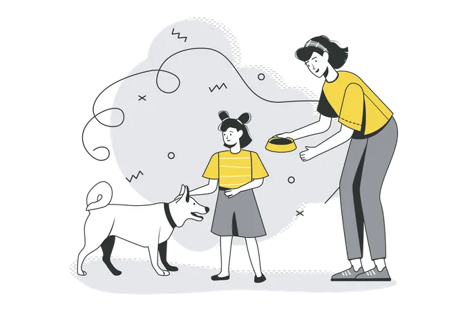 Mamá e hija alimentan al perro  Ilustración