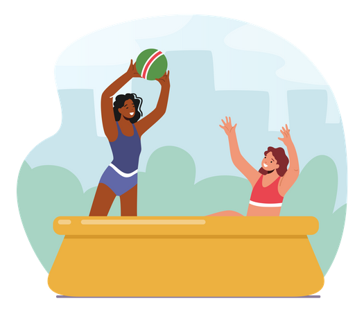 Madre e hija jugando a la pelota en la piscina al aire libre  Ilustración